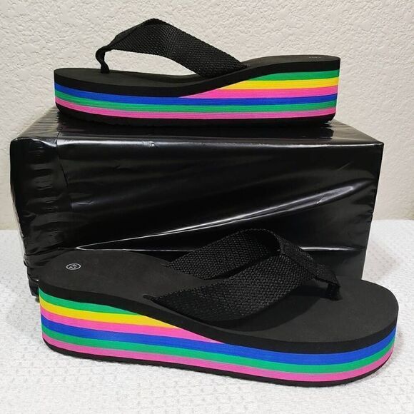 Women's Rainbow Wedge Platform Thong Sandals -M - Picture 2 of 4